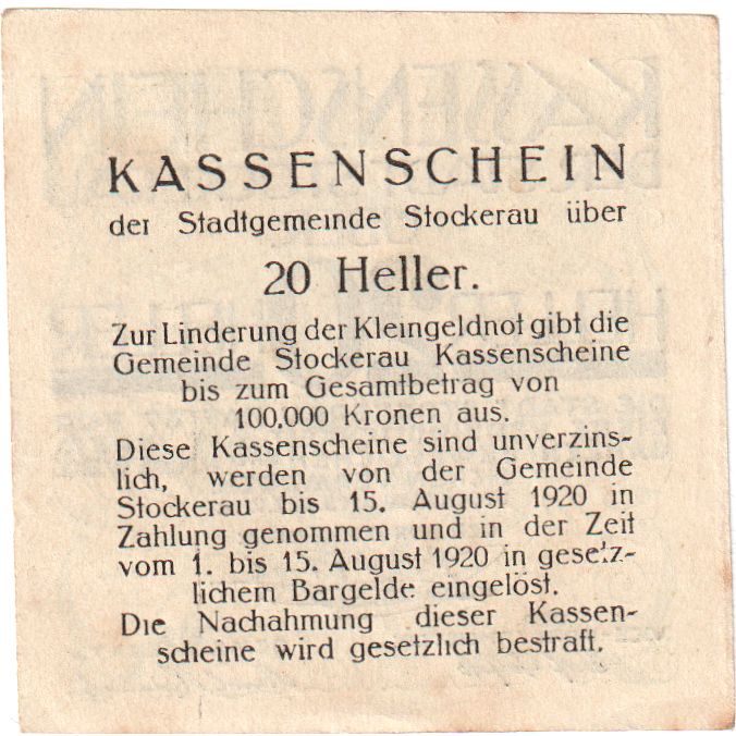 Autriche, Stockerau, 20 Heller, Texte, 1920, 1920-08-15, SPL, Mehl:FS 1038