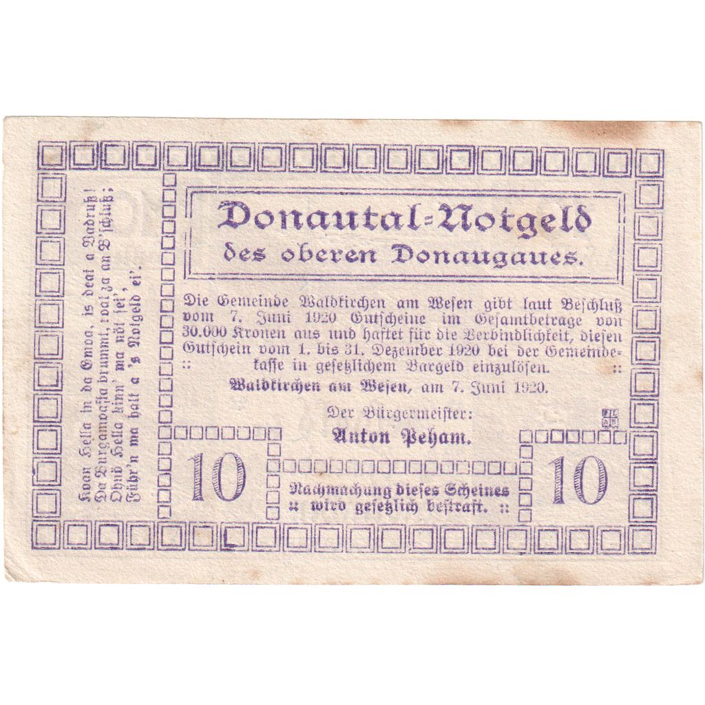 Autriche, Waldkirchen, 10 Heller, Eglise, 1920, 1920-12-31, SUP, Mehl:FS 1133d