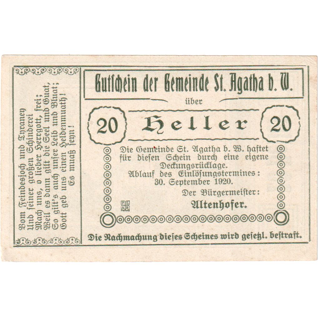 Autriche, St Agatha, 20 Heller, grange, 1920, 1920-09-30, SPL, Mehl:FS 877Ic