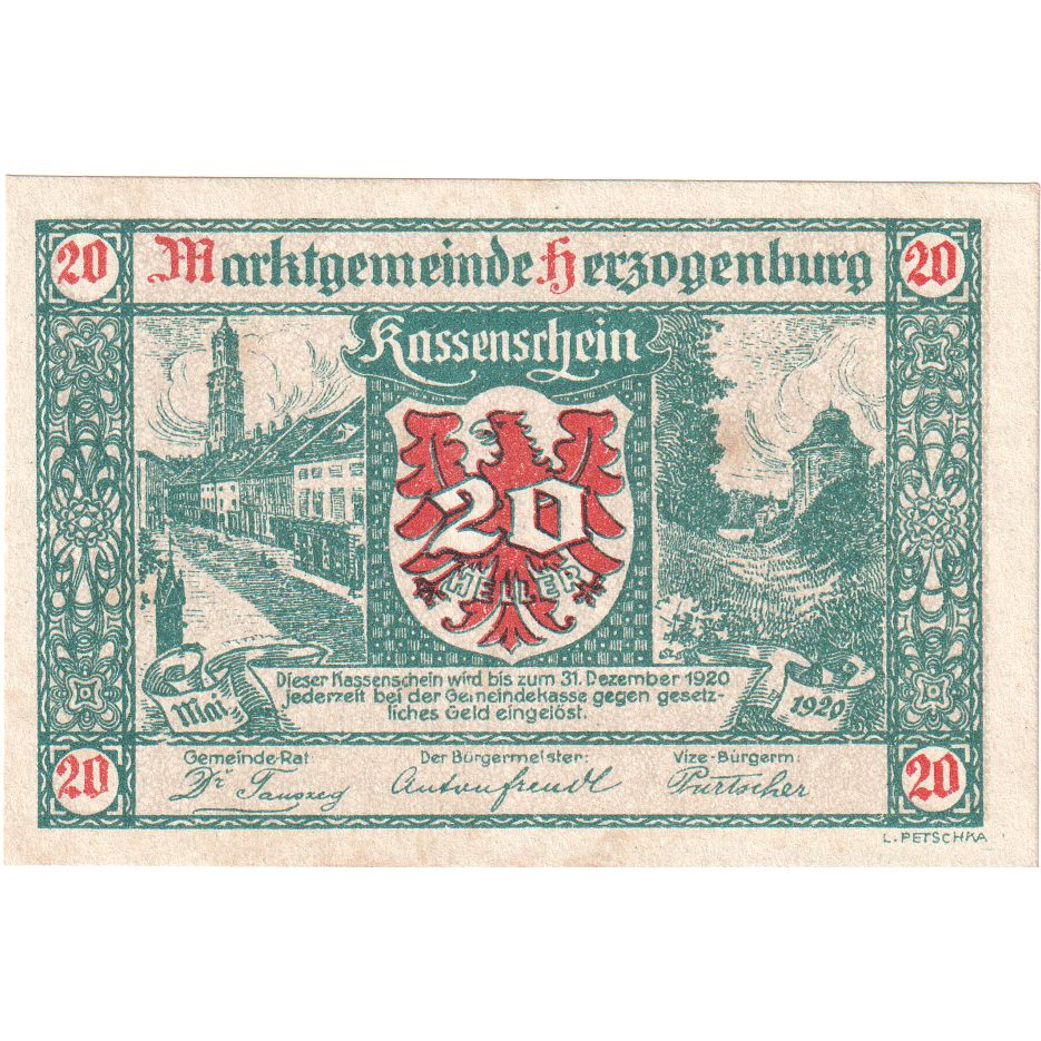 Oostenrijk, Herzogenburg, 20 Heller, rue, 1920, 1920-12-31, SPL, Mehl:FS 367