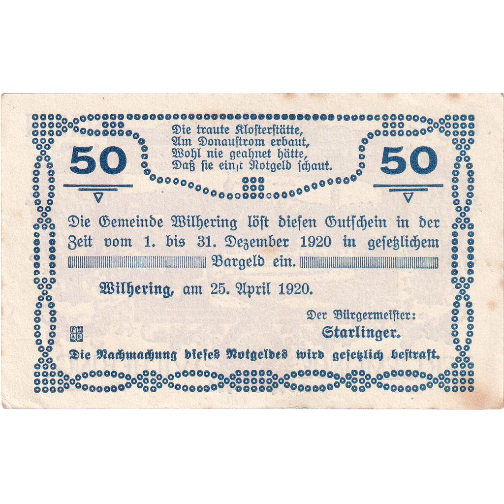 Oostenrijk, Wilhering, 50 Heller, château, 1920, 1920-12-31, SUP, Mehl:FS 1236
