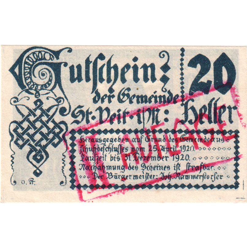 Autriche, St Veit, 20 Heller, château, 1920, 1920-12-31, SPL, Mehl:FS 944a