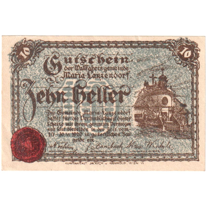 Autriche, Lanzendorf, 10 Heller, Eglise, 1920, 1920-06-30, SPL, Mehl:FS 586a
