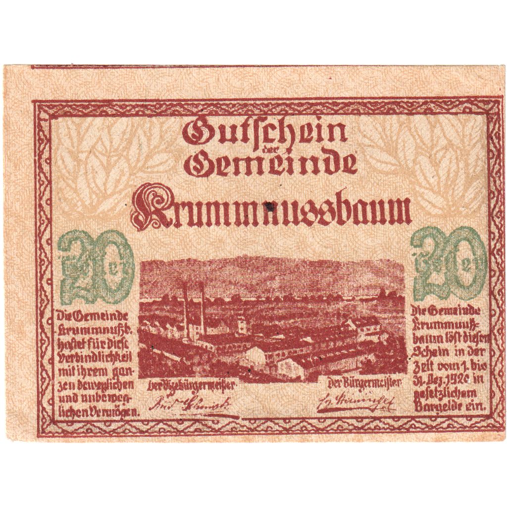 Österreich, Krummnusssbaum, 20 Heller, Usine 1920-12-31, VZ, Mehl:FS 488Ia