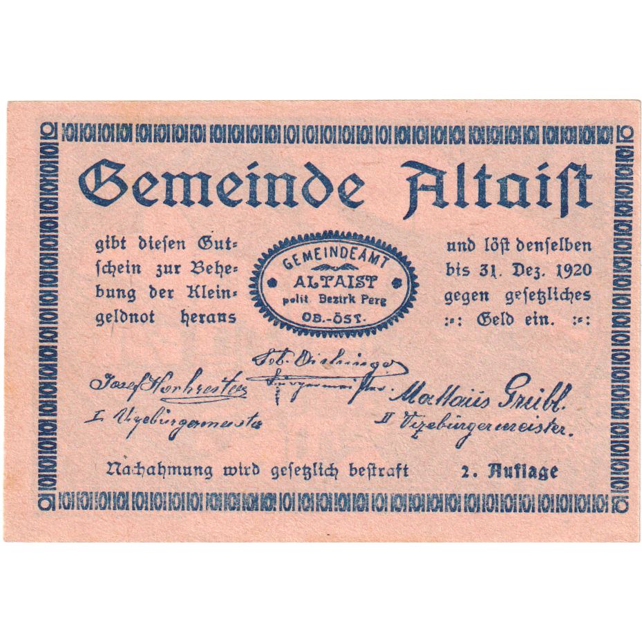 Oostenrijk, Altaist, 10 Heller, village, 1920, 1920-12-31, SPL, Mehl:FS 23b1