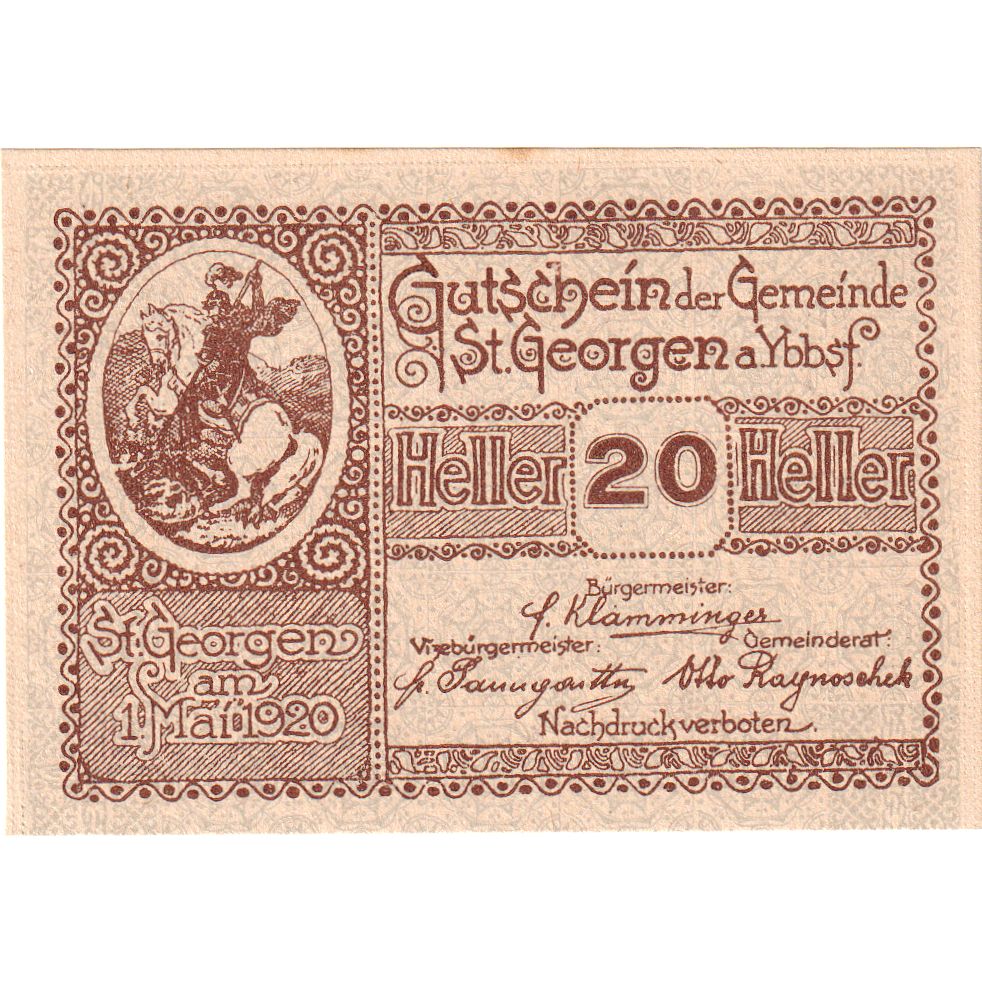 Austria, St Georgen, 20 Heller, chevalier 1920-12-31, UNC(63), Mehl:FS 885I