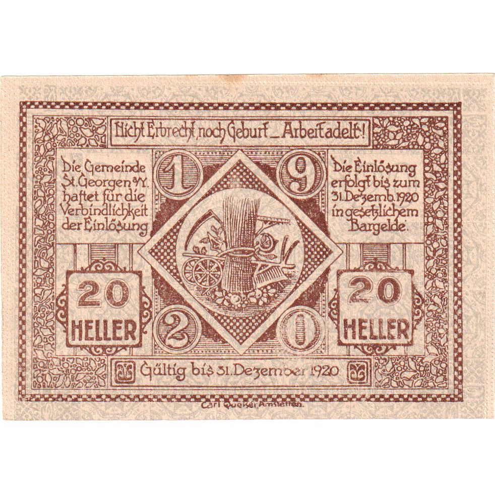 Austria, St Georgen, 20 Heller, chevalier 1920-12-31, UNC(63), Mehl:FS 885I
