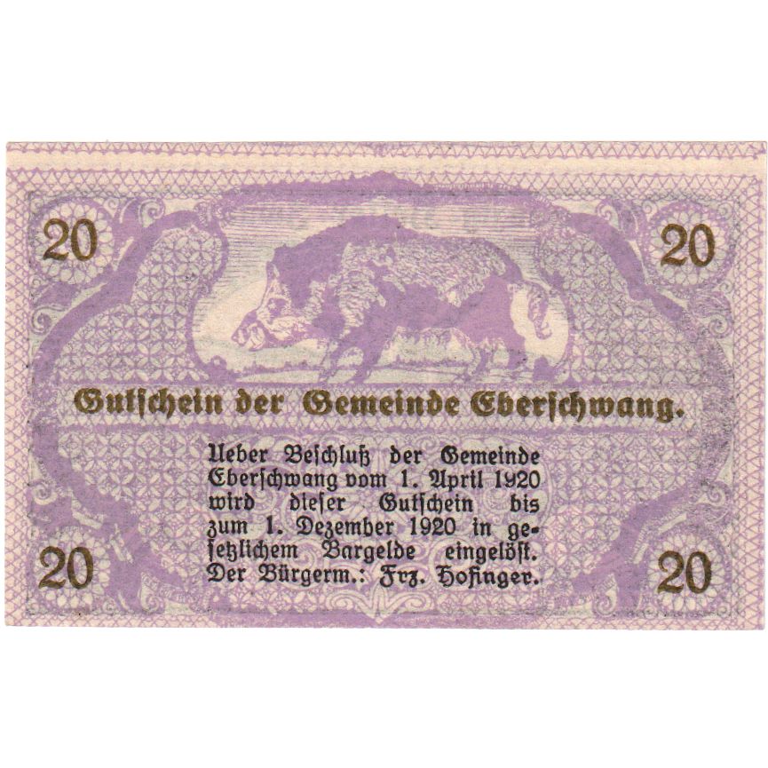 Autriche, Eberschwang, 20 Heller, sanglier, 1920, 1920-12-01, SPL, Mehl:FS 145a