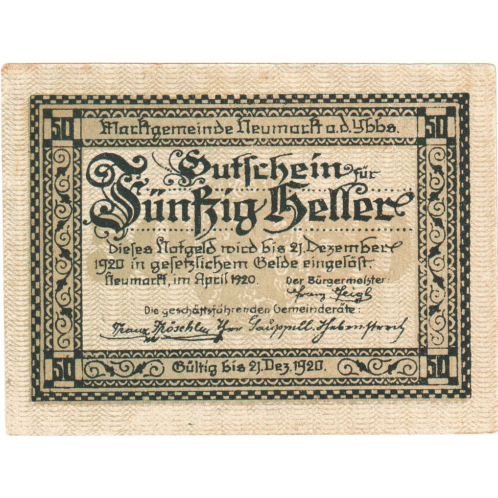 Autriche, Neumarkt, 50 Heller, village, 1920, 1920-12-31, TTB, Mehl:FS 663a