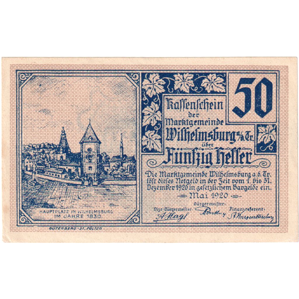 Autriche, Wilhelmsburg, 50 Heller, Eglise, 1920, 1920-12-31, SPL, Mehl:FS 1235a