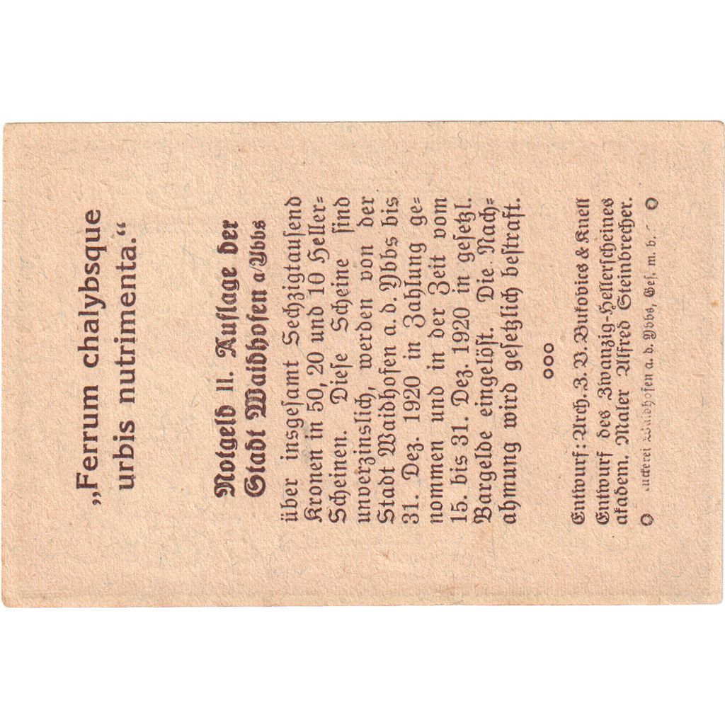 Autriche, Waidhofen, 10 Heller, Eglise, 1920, 1920-12-31, SPL, Mehl:FS 1127IIc