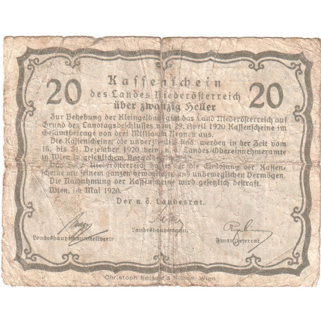 Autriche, Niederösterreich, 20 Heller, château 1920-12-31, TB Mehl:FS 671I