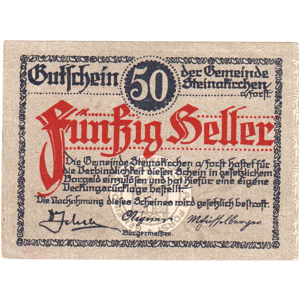 Autriche, Steinakirchen am Forst, 50 Heller, Blason, 1922, 1922-03-31, SPL
