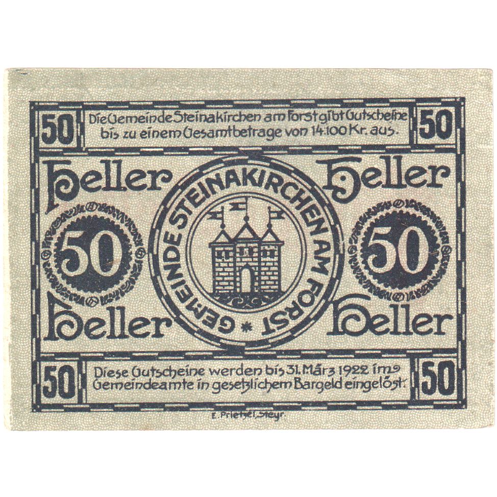 Autriche, Steinakirchen am Forst, 50 Heller, Blason, 1922, 1922-03-31, SPL
