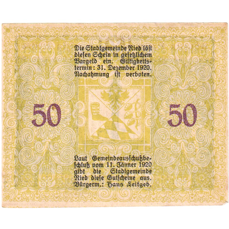 Autriche, Ried, 50 Heller, Monument, 1920, 1920-12-31, SPL, Mehl:FS 834IIa