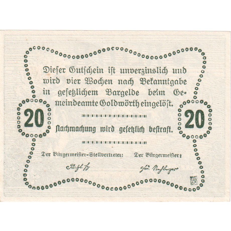 Autriche, Goldwörth, 20 Heller, ferme, 1920, SPL, Mehl:FS 248b