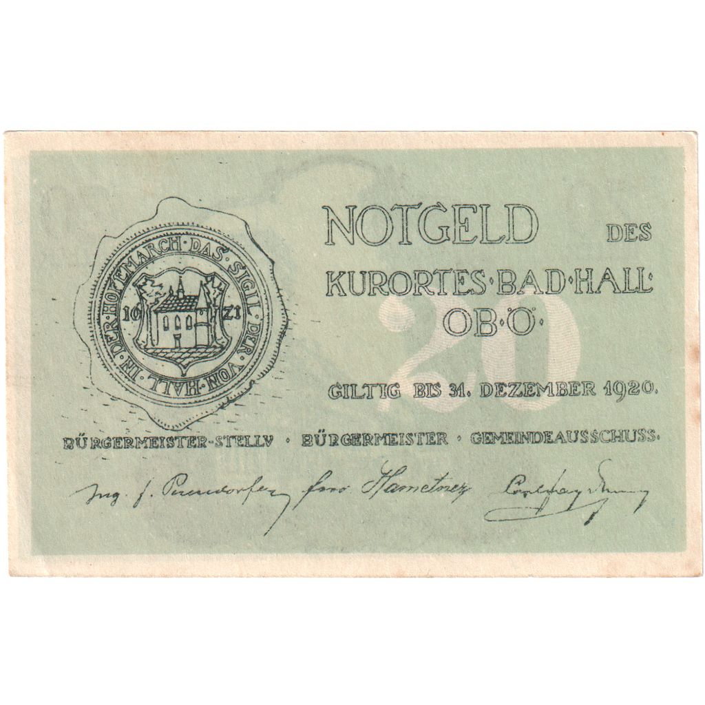 Autriche, Bad Hall, 20 Heller, mairie, 1920, 1920-12-31, SUP, Mehl:FS 76IIa