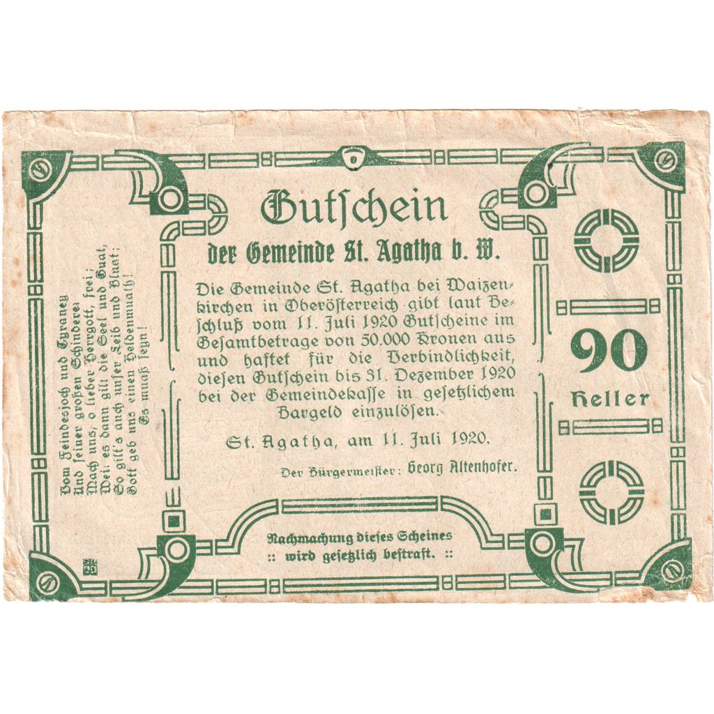 Autriche, St Agatha, 90 Heller, chevalier, 1920, 1920-12-31, TB, Mehl:FS 877IIe