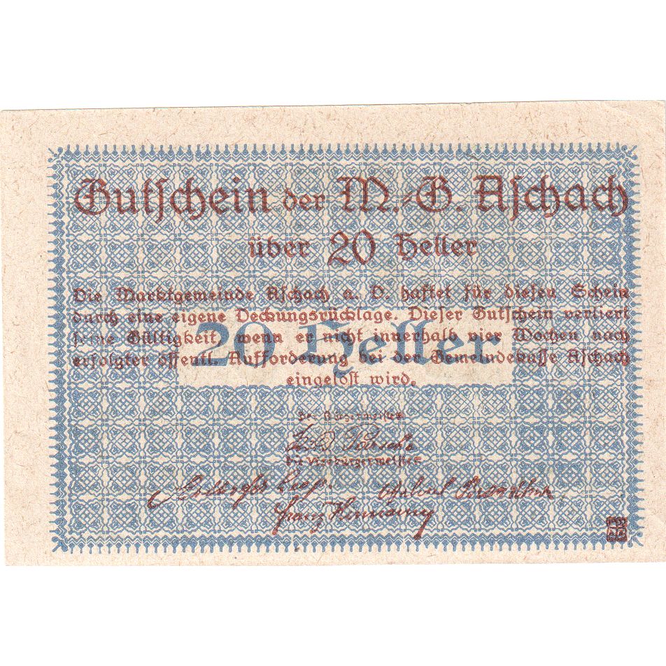 Autriche, Aschach, 20 Heller, Blason, 1920, SPL, Mehl:FS 53IIb20
