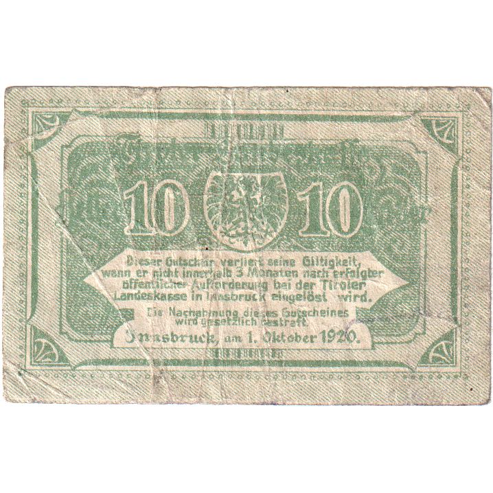 Autriche, Innsbruck, 10 Heller, Blason, 1920, 1920-10-01, TB, Mehl:FS 409a
