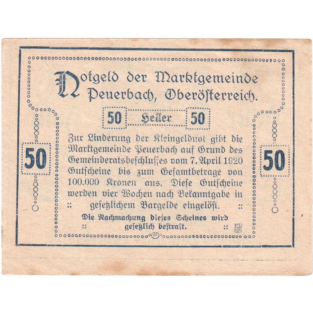 Autriche, Peuerbach, 50 Heller, Ville, 1920, 1920-04-07, TTB, Mehl:FS 741IIa