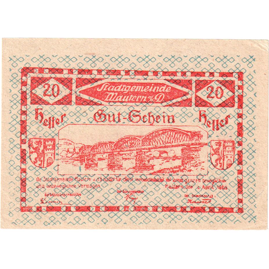 Oostenrijk, Mautern, 20 Heller, pont, 1920, 1920-12-31, SPL, Mehl:FS 600IB