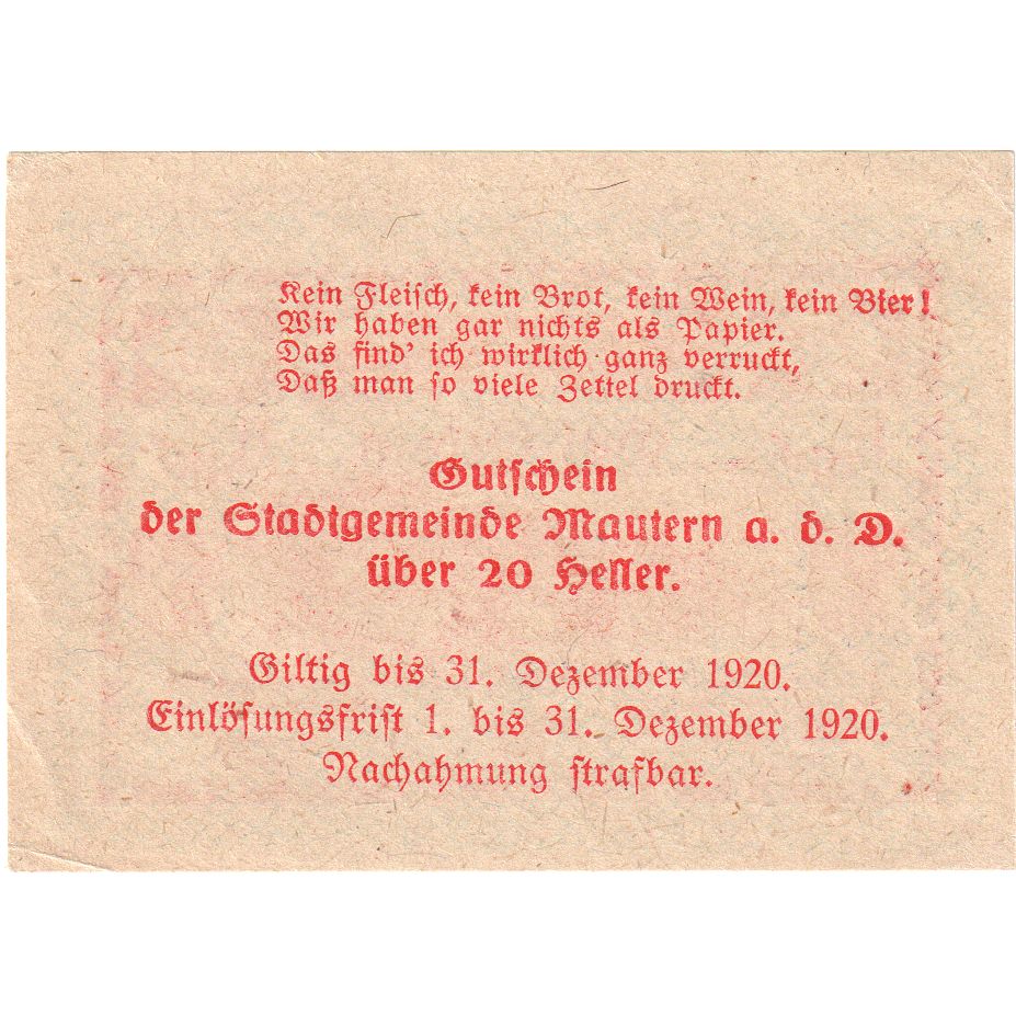Oostenrijk, Mautern, 20 Heller, pont, 1920, 1920-12-31, SPL, Mehl:FS 600IB