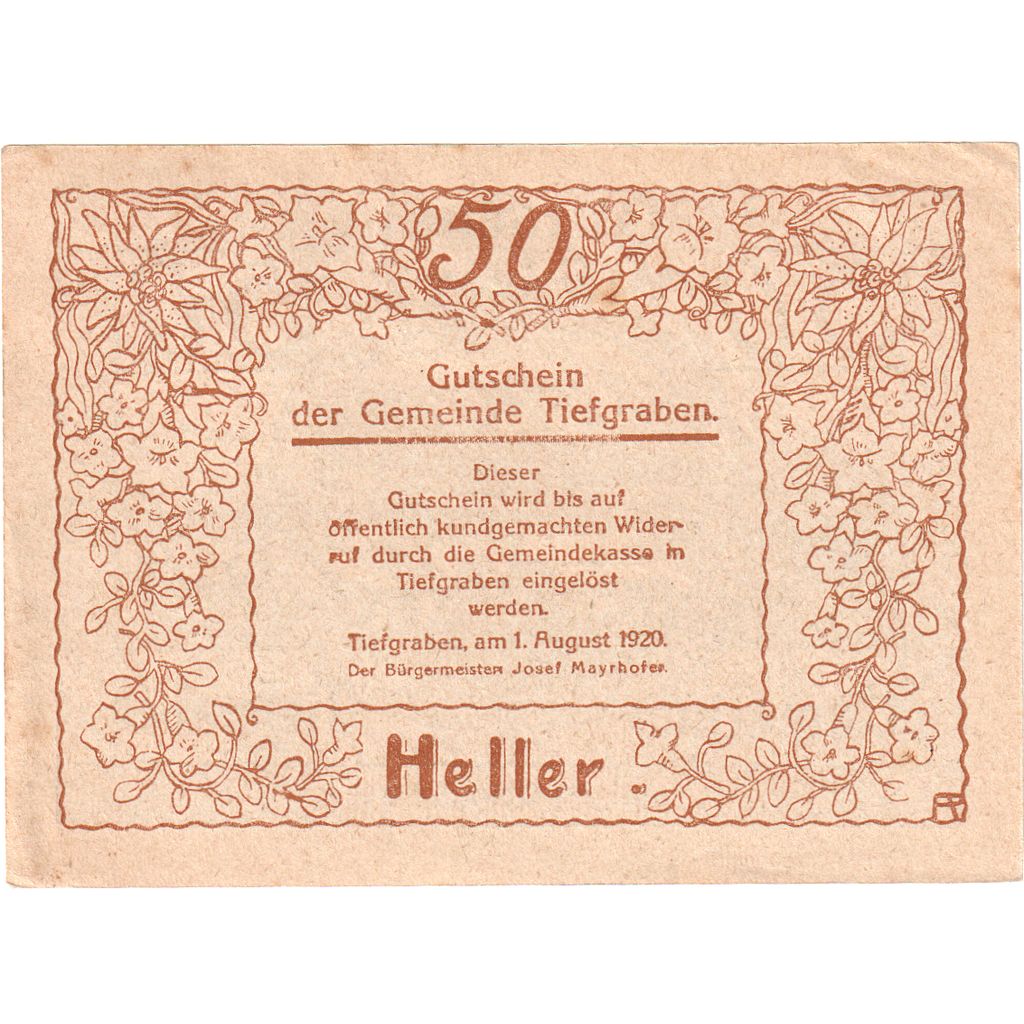 Autriche, Tiefgraben, 50 Heller, montagne, 1920, SUP+, Mehl:FS 1071