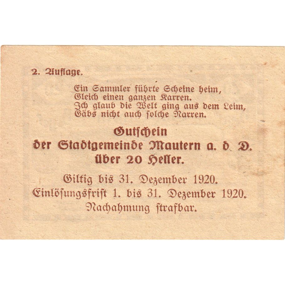 Oostenrijk, Mautern, 20 Heller, pont, 1920, 1920-12-31, SPL, Mehl:FS 600IIb2