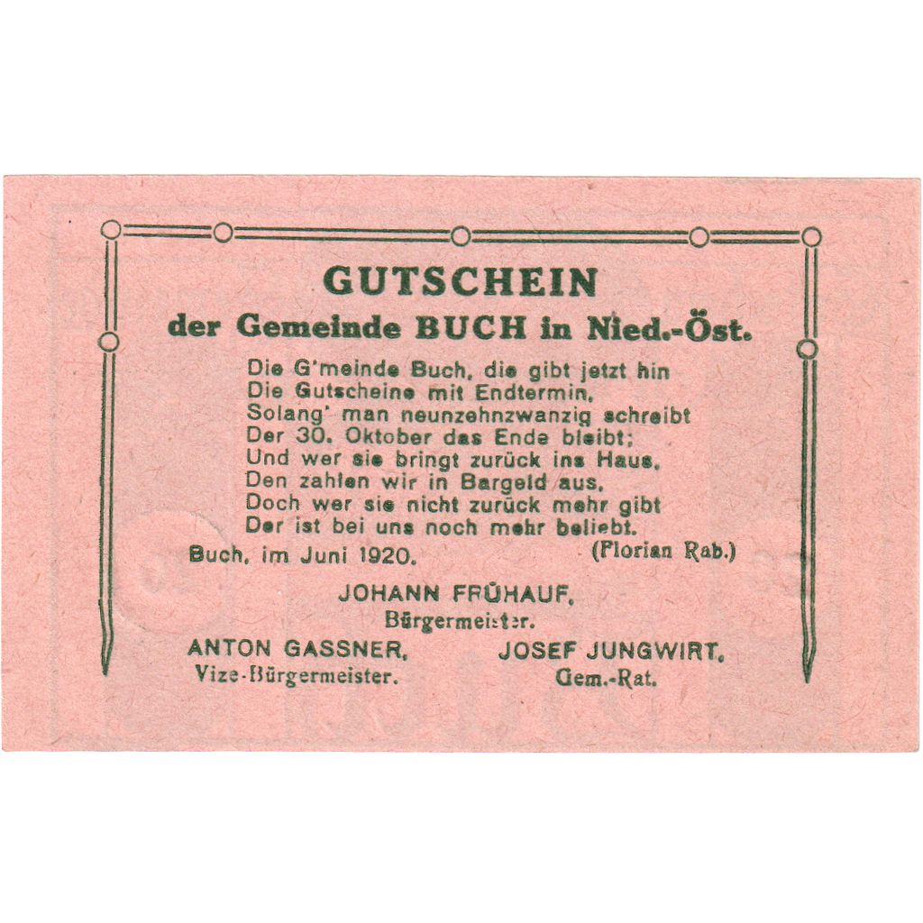 Oostenrijk, Buch, 20 Heller, chemin, 1920, 1920-10-30, SPL, Mehl:FS 113a