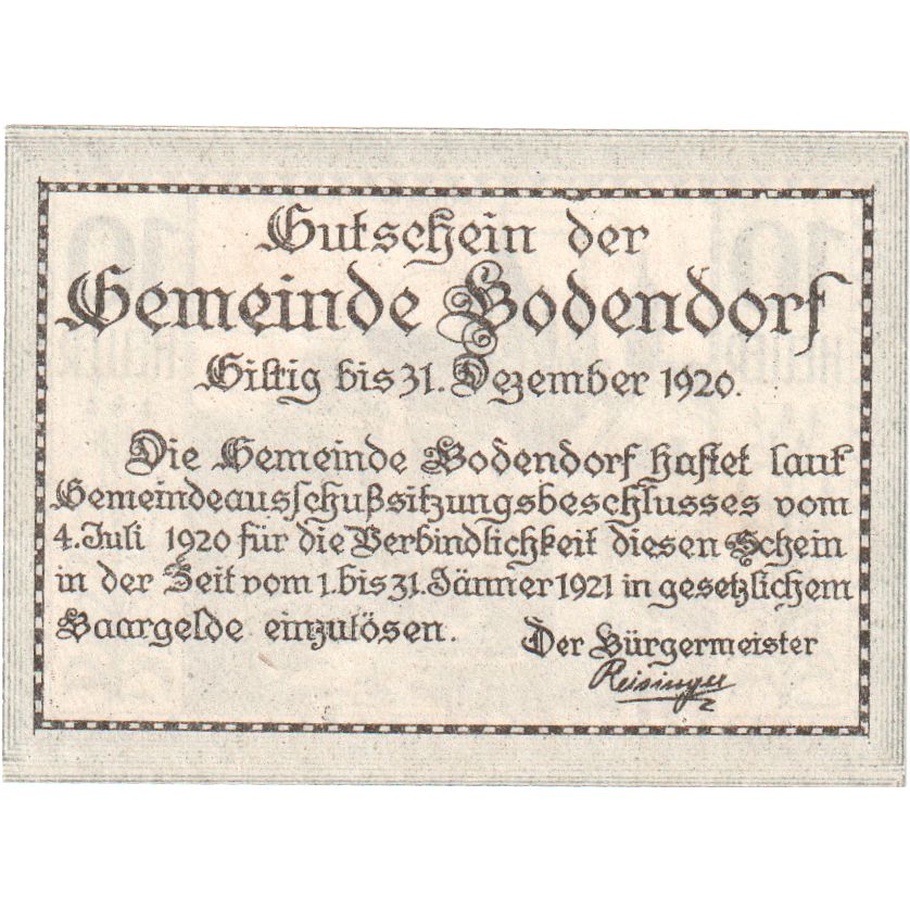 Autriche, Bodendorf, 10 Heller, village, 1920, 1920-12-31, SPL, Mehl:FS 96IIa
