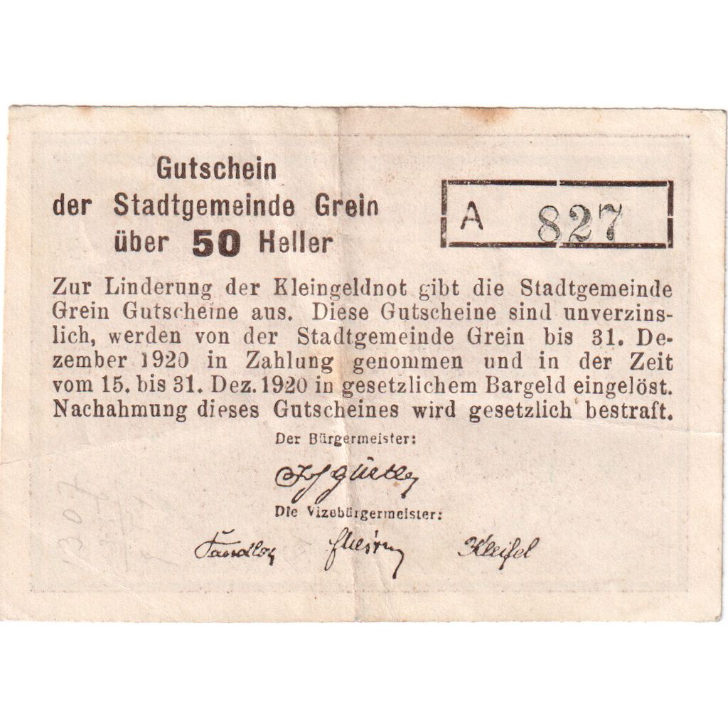 Autriche, Grein, 50 Heller, village, 1920, 1920-12-31, SUP, Mehl:FS 276Ib