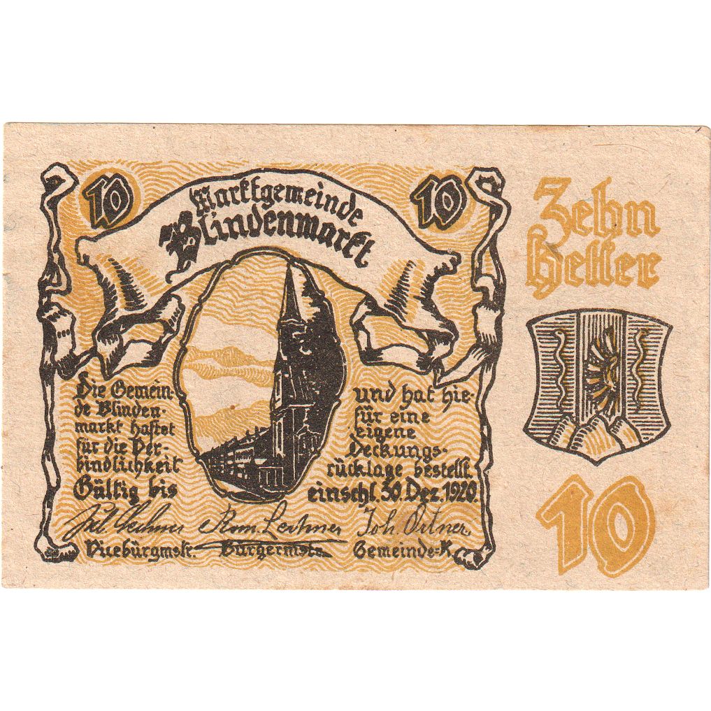 Austria, Blindenmarkt, 10 Heller, Blason 1920-12-30, UNC(63), Mehl:FS 93IIa