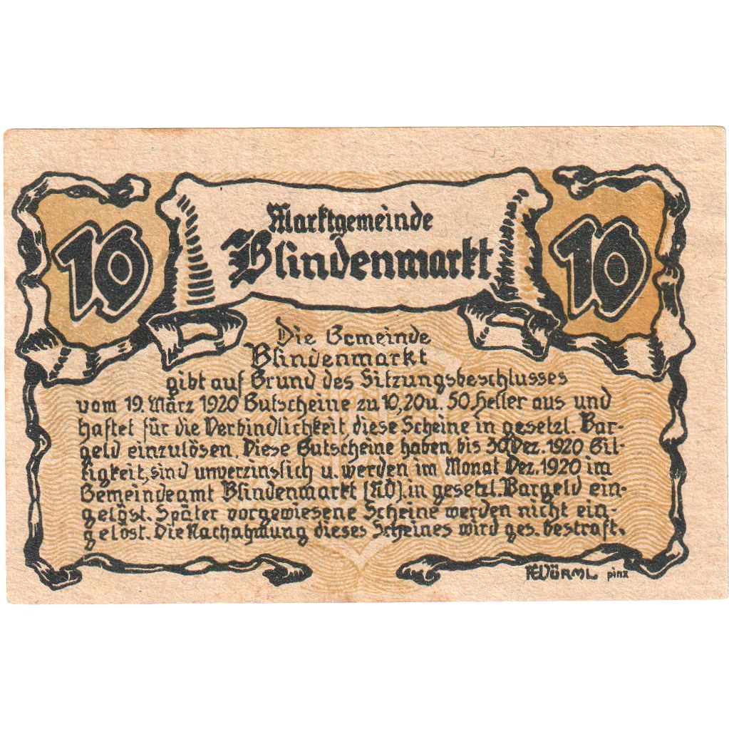 Austria, Blindenmarkt, 10 Heller, Blason 1920-12-30, UNC(63), Mehl:FS 93IIa