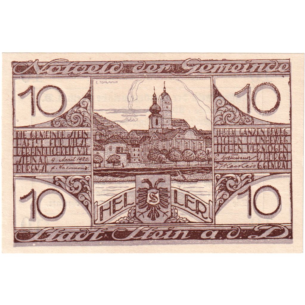 Österreich, Stein an der Donau, 10 Heller, village, 1920 UNZ- Mehl: FS 1015I.2
