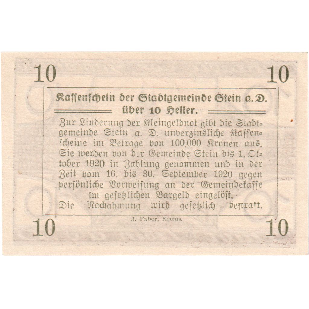 Österreich, Stein an der Donau, 10 Heller, village, 1920 UNZ- Mehl: FS 1015I.2