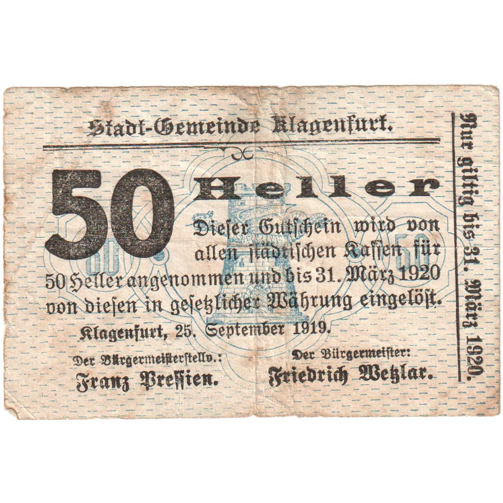 Autriche, Klagenfurt, 50 Heller, Texte, 1920, 1920-03-31, TB, Mehl:FS 451a