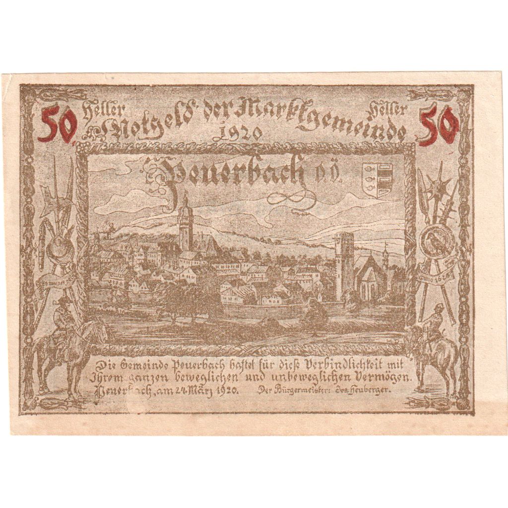 Austria, Peuerbach, 50 Heller, village, 1920, 1920-03-24, UNC(63), Mehl:FS 741Ia