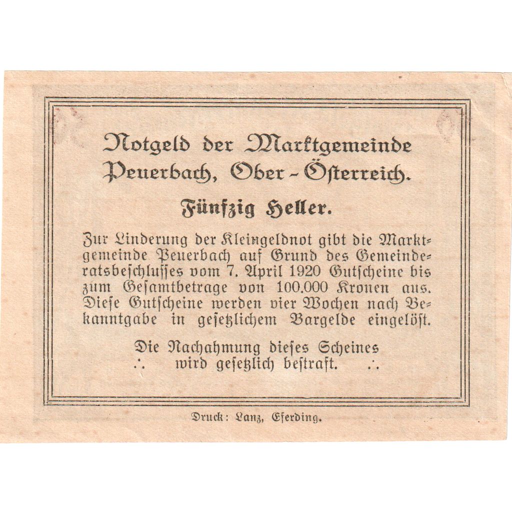 Austria, Peuerbach, 50 Heller, village, 1920, 1920-03-24, UNC(63), Mehl:FS 741Ia