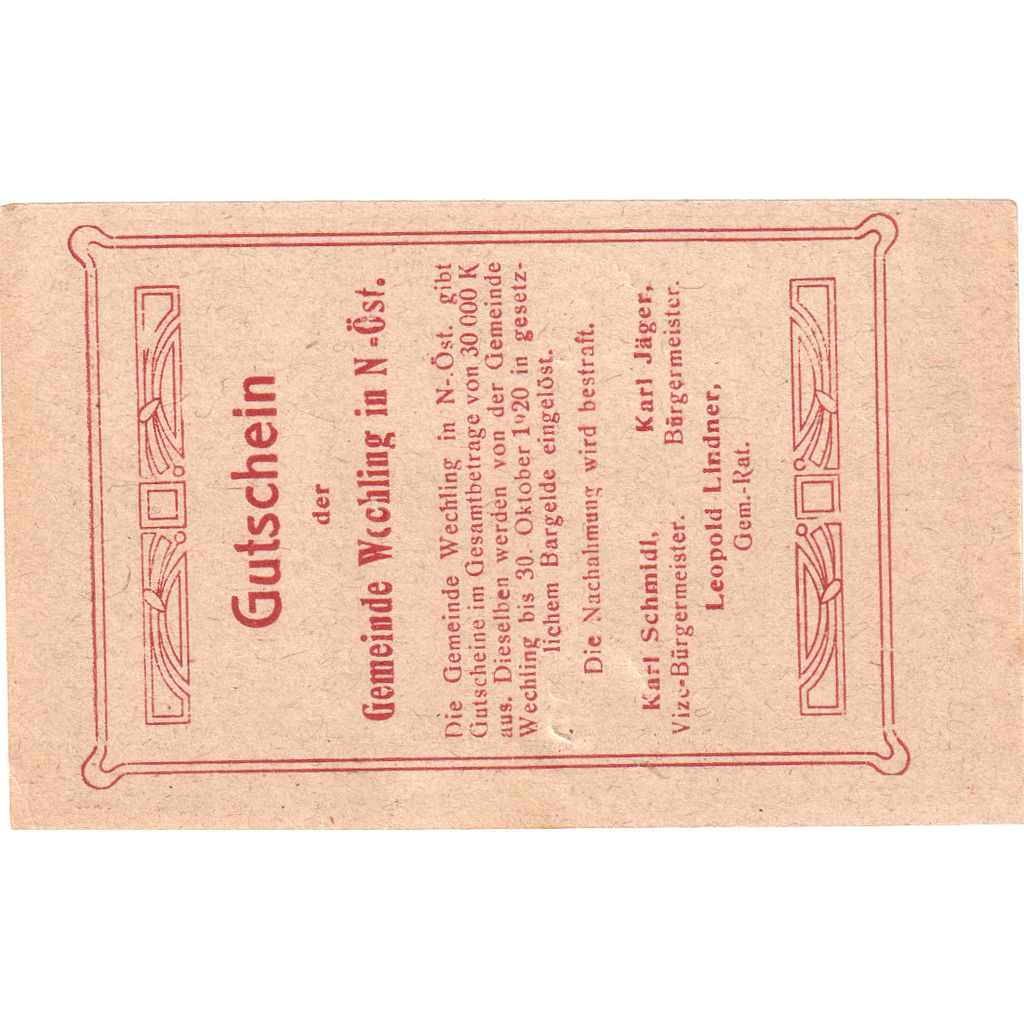 Autriche, Wechling, 30 Heller, Eglise, 1920, 1920-10-30, SPL, Mehl:FS 1145a