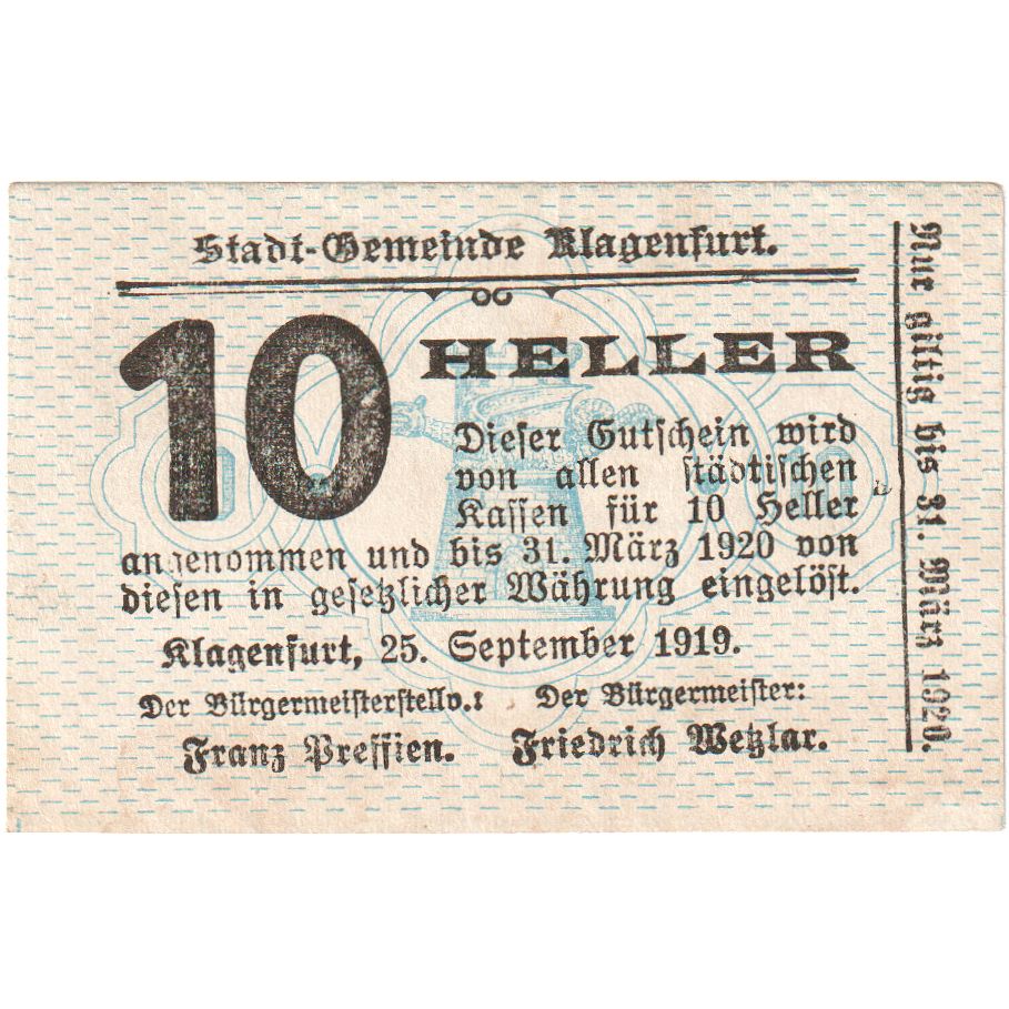 Austria, Klagenfurt, 10 Heller, Texte, 1920, 1920-03-31, SC, Mehl:FS 451a