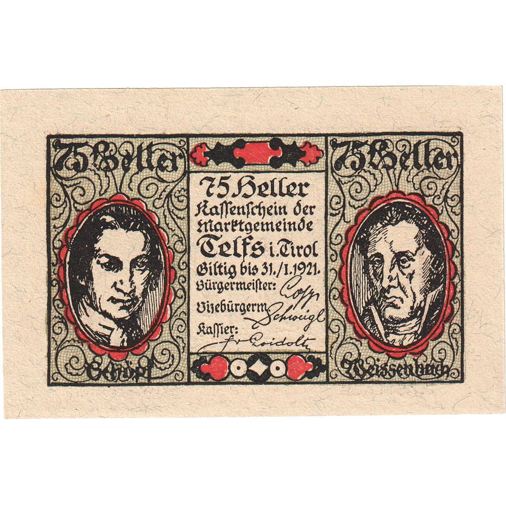 Austria, Telfs, 75 Heller, portrait, 1921, 1921-01-31, UNC(63), Mehl:FS 1061a