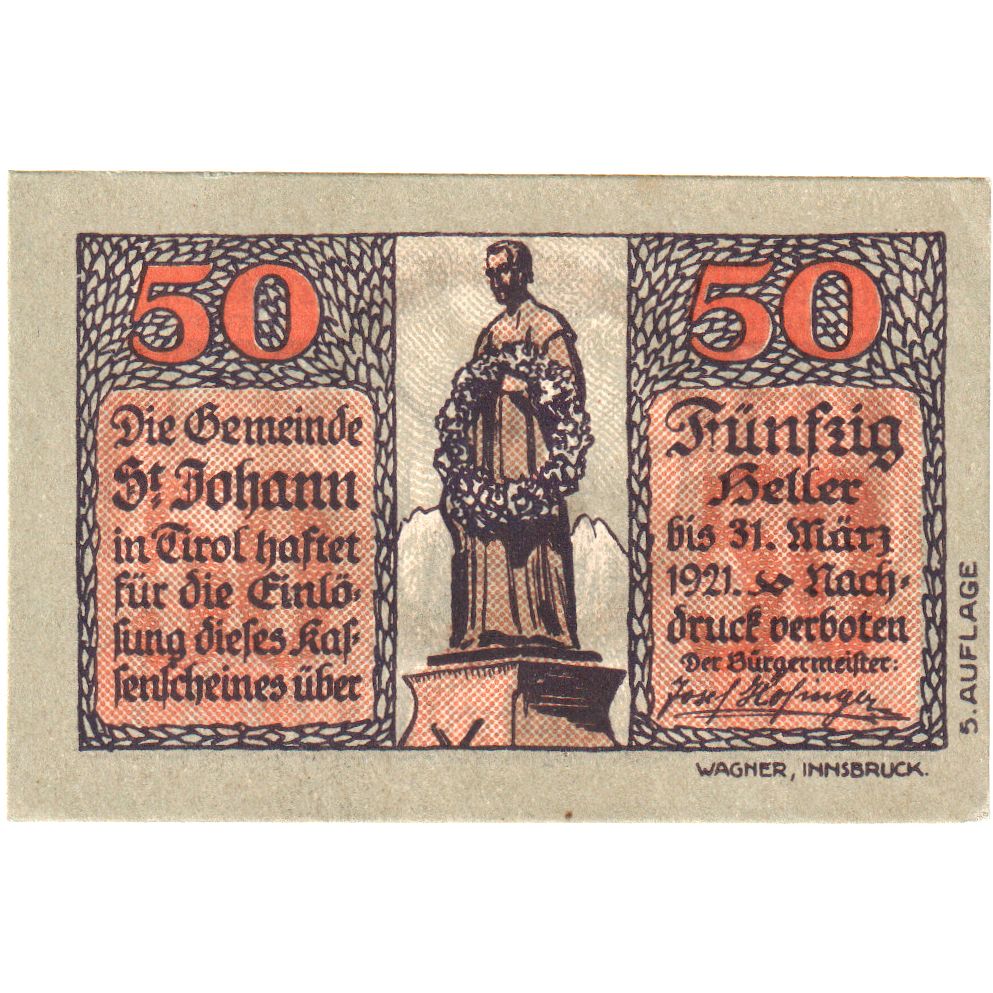 Austria, St Johann, 50 Heller, portrait, 1921, 1921-03-31, UNC(63), Mehl:FS 898e