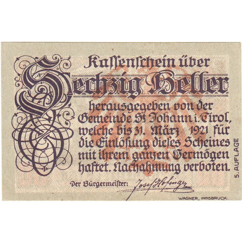 Austria, St Johann, 60 Heller, village, 1921, 1921-03-31, UNC(63), Mehl:FS 898e