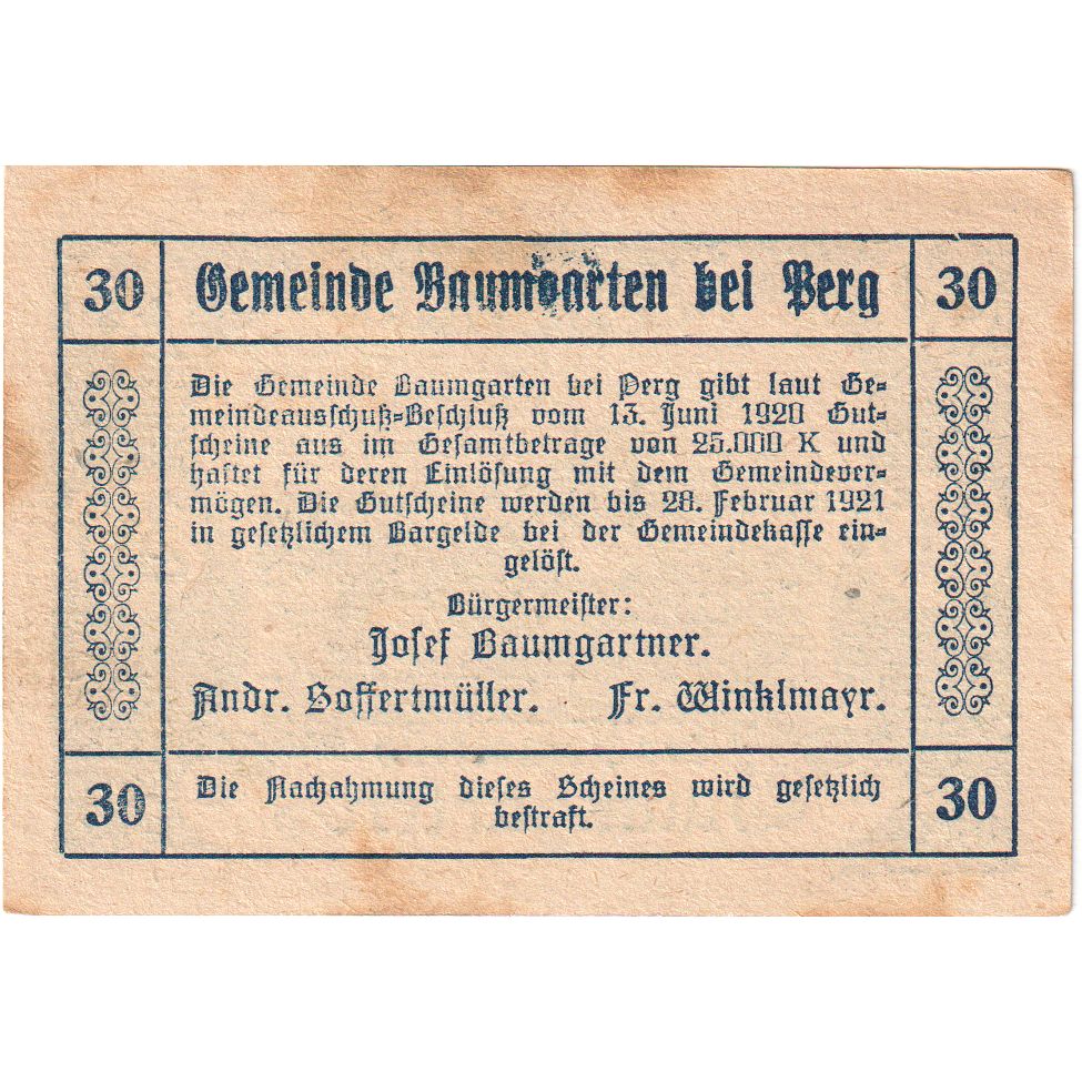Austria, Baumgarten, 30 Heller, champs, 1921, 1921-02-28, EF(40-45), Mehl:FS 78a