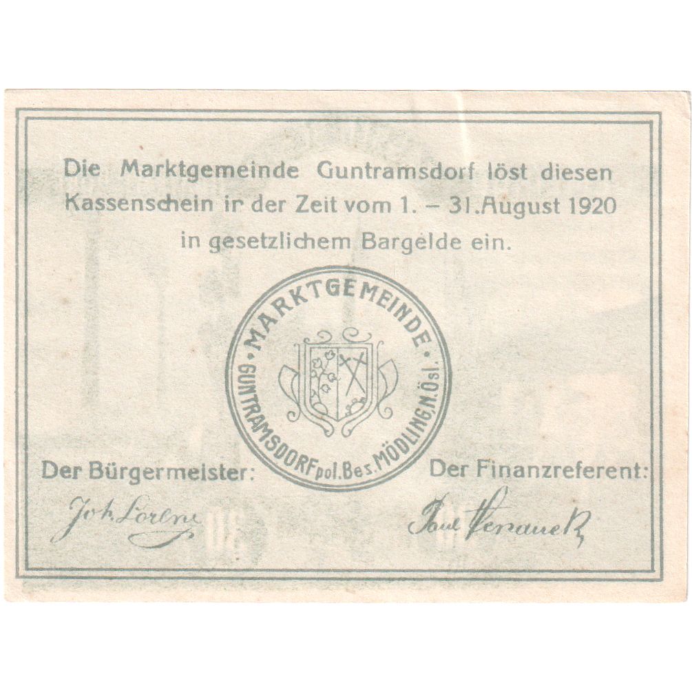 Autriche, Guntramsdorf, 30 Heller, Animaux, 1920, 1920-08-31, SPL, Mehl:FS 310e