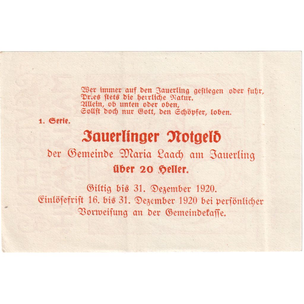 Autriche, Maria-Laach, 20 Heller, 1920-12-31, SPL
