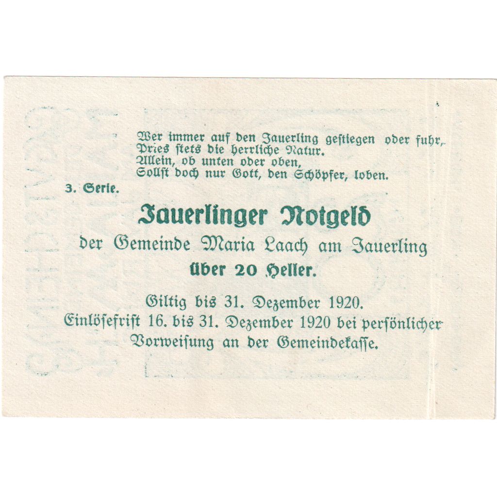 Austria, Maria-Laach, 20 Heller, château, 1920, 1920-12-31, SPL