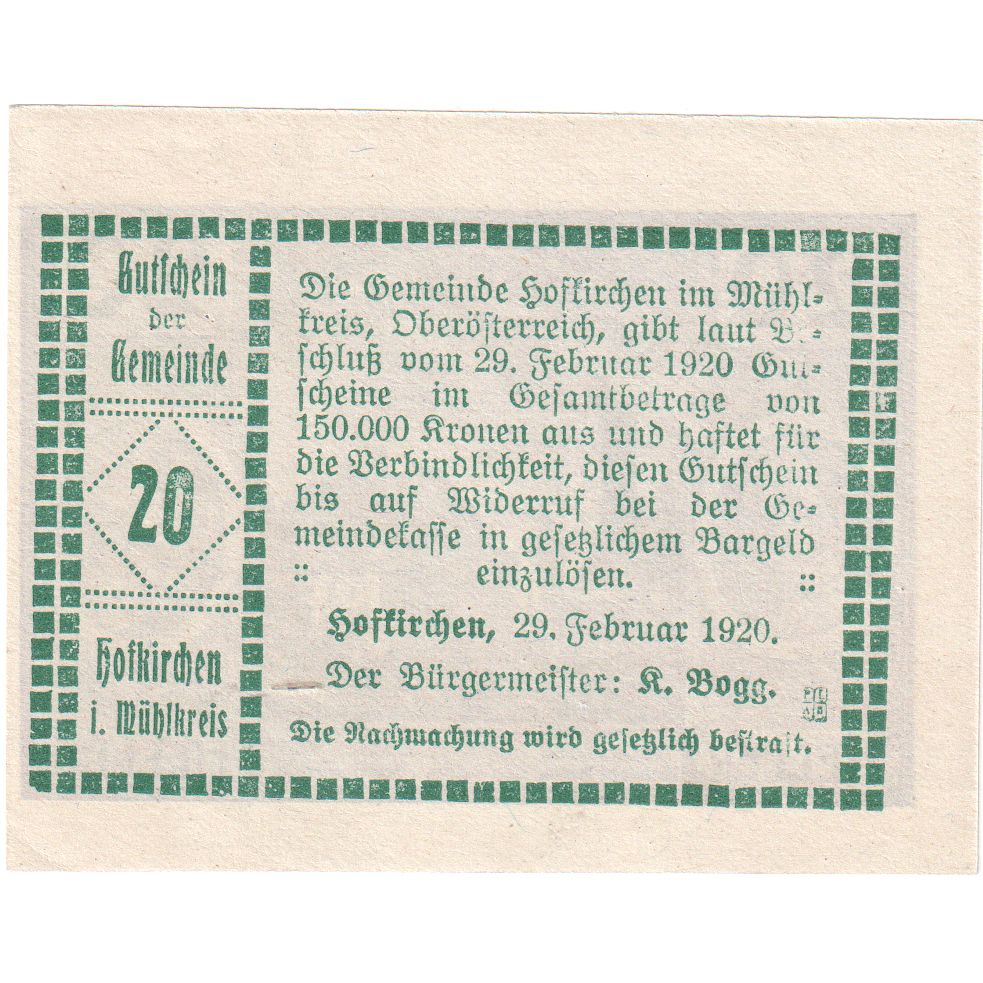 Autriche, Hofkirchen, 20 Heller, Eglise, 1920, SPL, Mehl:FS 386Id2
