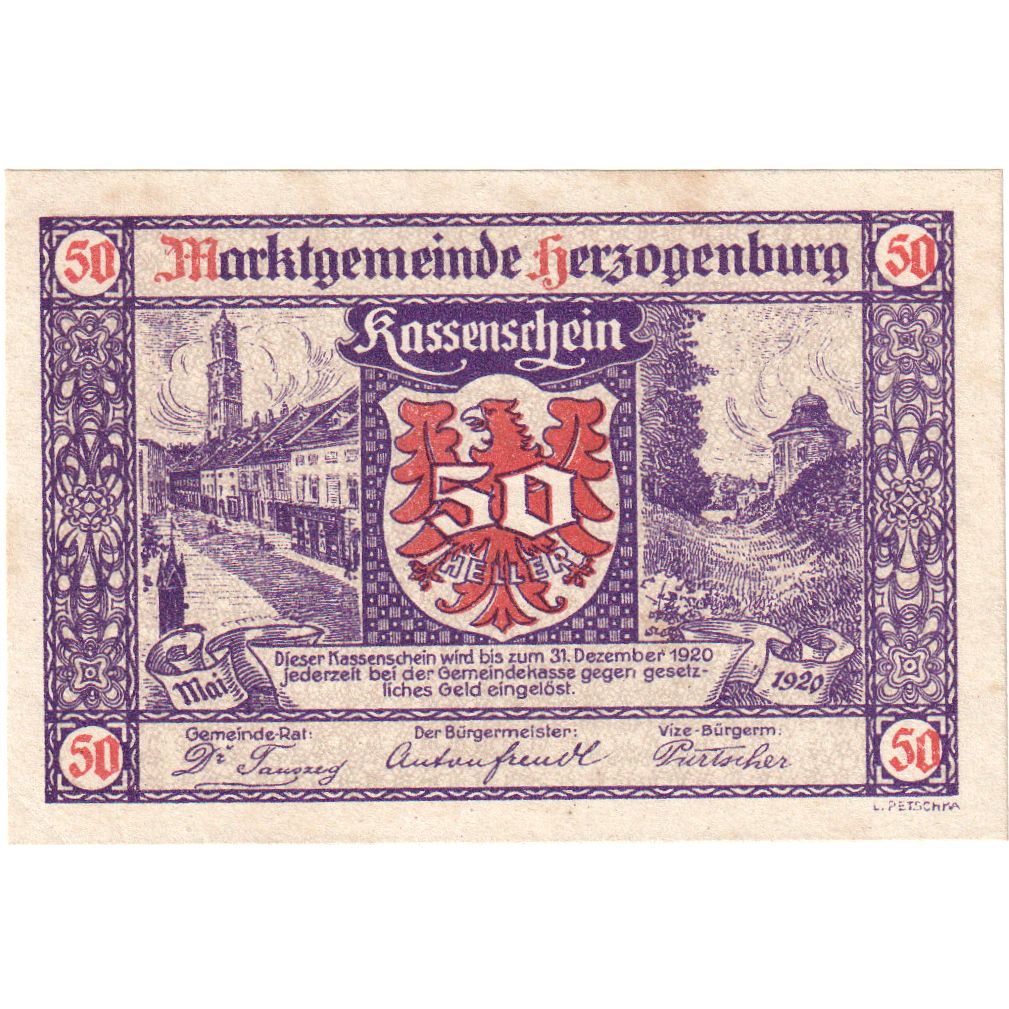 Autriche, Herzogenburg, 50 Heller, Blason, 1920, 1920-12-31, SPL, Mehl:FS 367